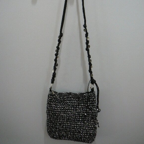 Sun N Sand Accessories Black & Silver Threaded Zip Close Bag Beaded Handle Purse - Picture 1 of 6